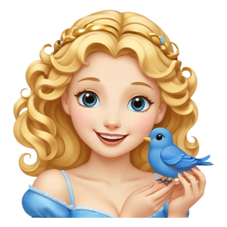 Cinematic Adorable Cinderella Portrait Emoji, Giggling softly while holding a tiny bluebird, golden curls bouncing, eyes sparkling with joy, wrapped in a soft golden glow, exuding warmth and charm, an irresistible blend of beauty and playfulness! sticker