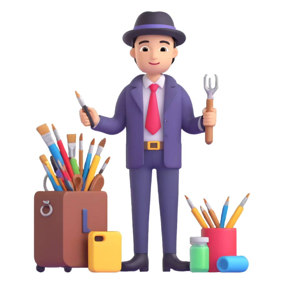 professional artist character with creative attire and artistic tools, high-resolution 3D style sticker
