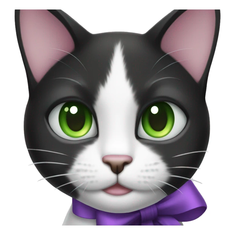 black and white cat green eyes purple bow sticker