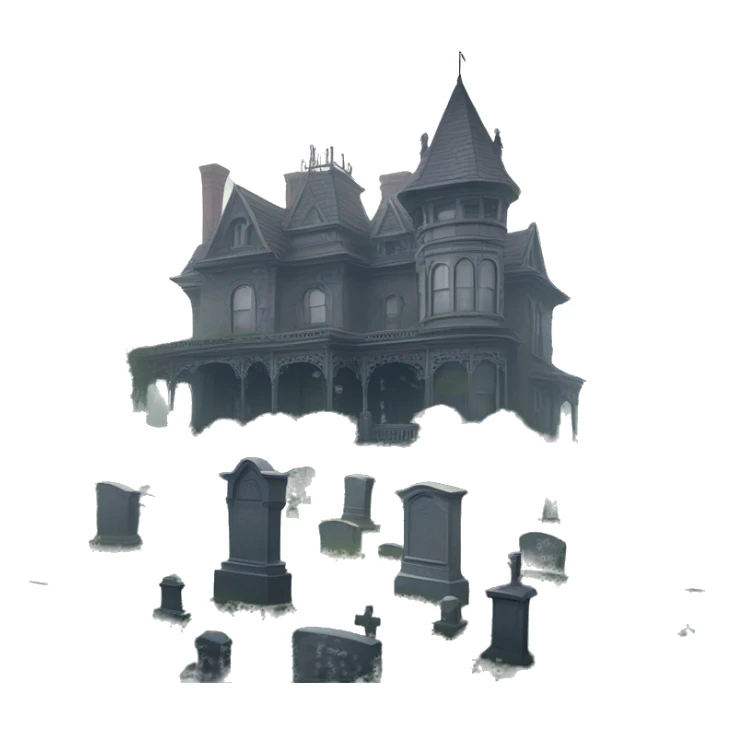Large overgrown Haunting graveyard and Victorian mansion at noon, light fog sticker
