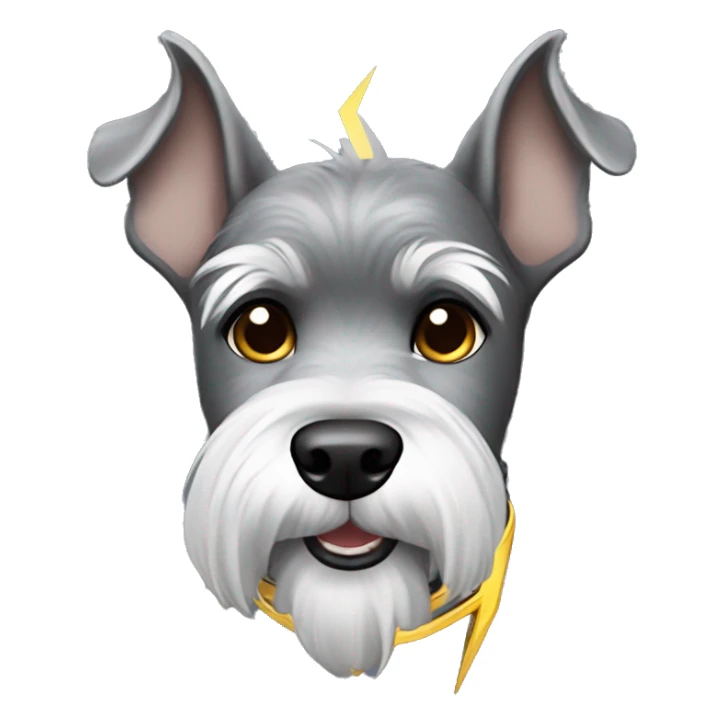 Gray schnauzer with pointy ears wearing a lightning bolt collar sticker