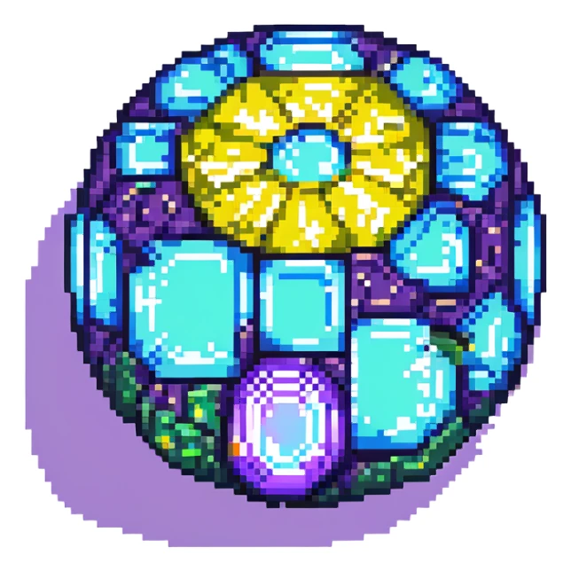 blue gem with cracks, cracks shining in green, yellow, and purple, pixel art style sticker
