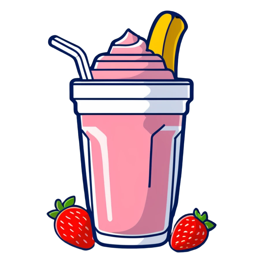 protein shake with banana and strawberries around sticker