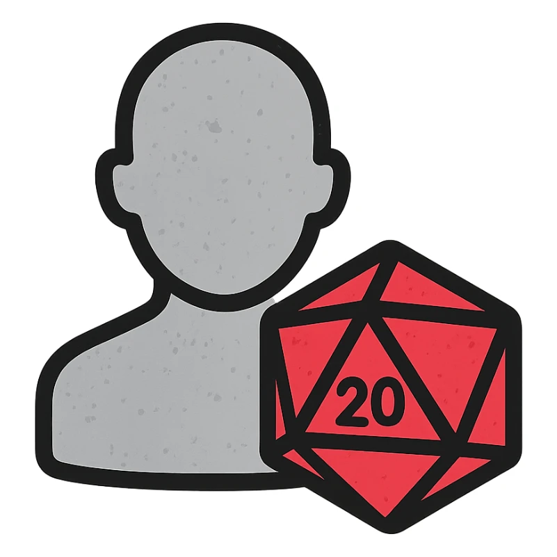 minimalist gray icon of a player silhouette with a D20 dice, worn distressed look sticker