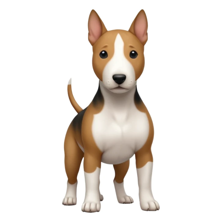 bull terrier with black head and body and a white chest sticker