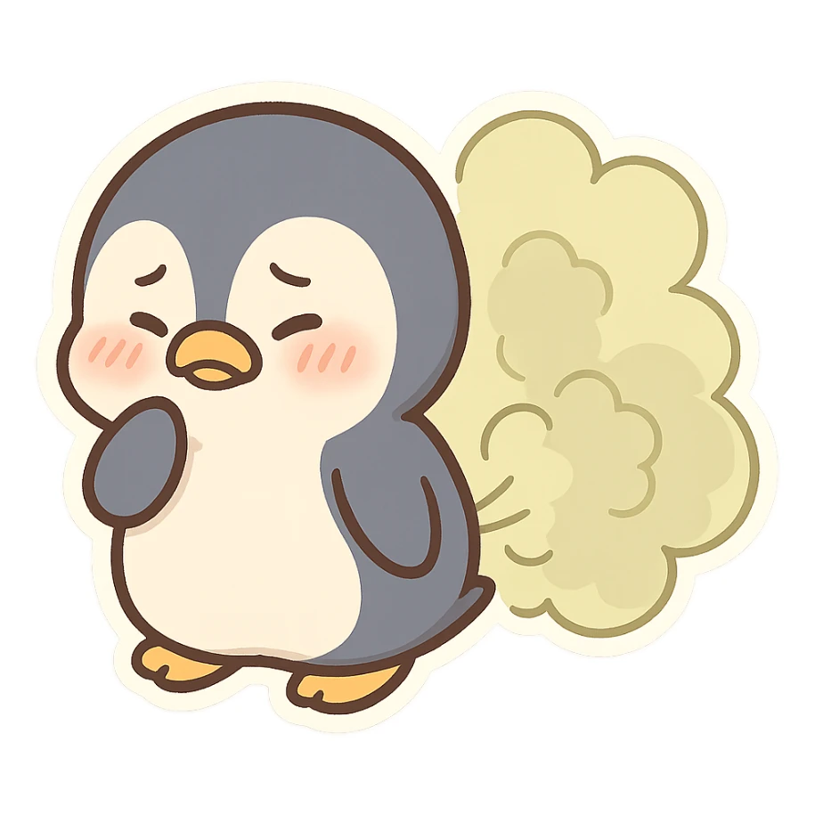 cute penguin with big fart cloud behind it looking embarrassed sticker