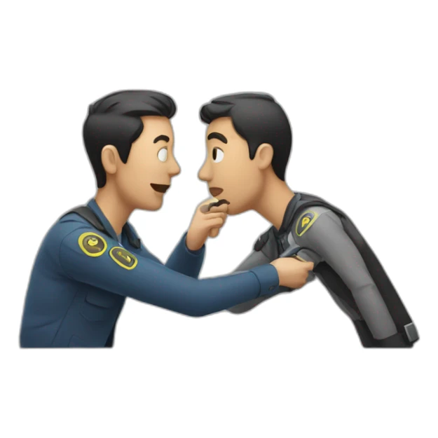 one person sitting sniffs another person's belt sticker