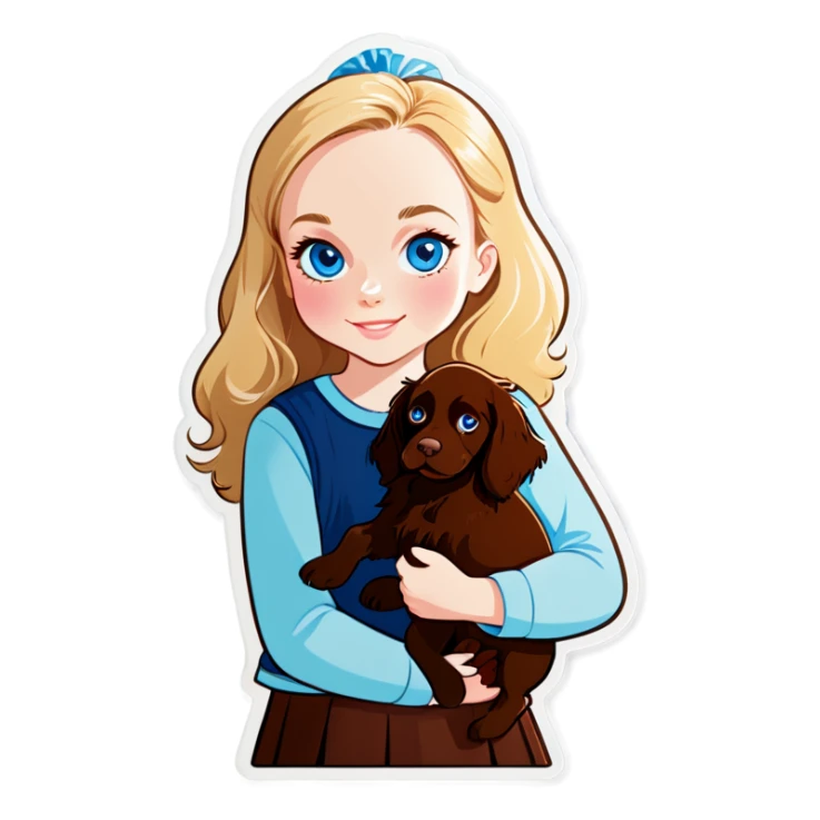 Blonde haired girl with blue eyes holding Boykin spaniel sticker
