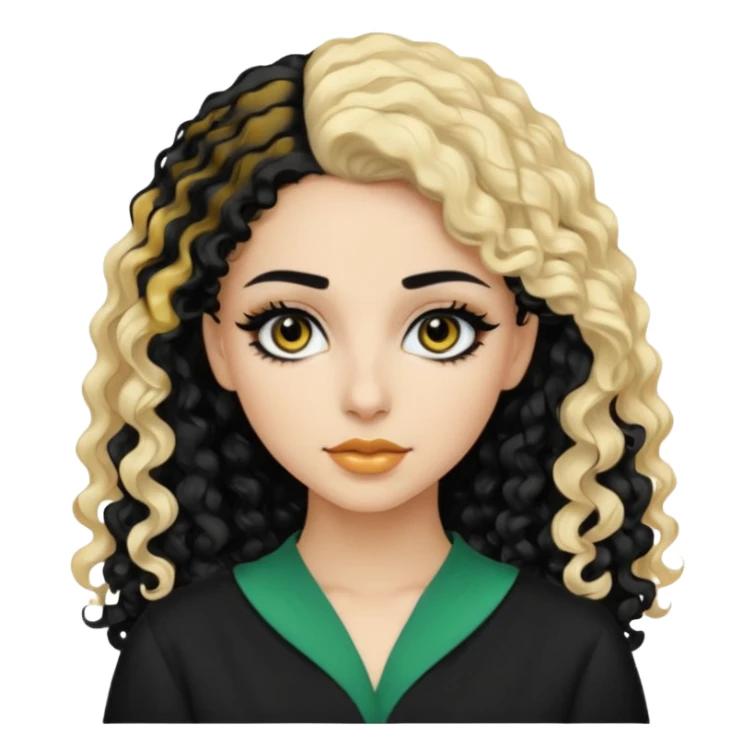 Pale Saudi beauty, pretty baddie, black eyeliner, split dye leftside blonde rightside black curly hair sticker