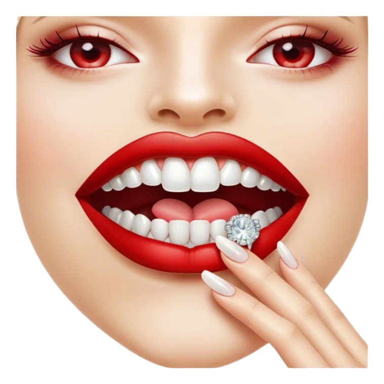 Glossy, bright red lips slightly parted. Inside, sparkling diamonds grillz. A playful tongue touching the teeth. A long, elegant fingernail with a soft white shade. No face! only lips and finger sticker