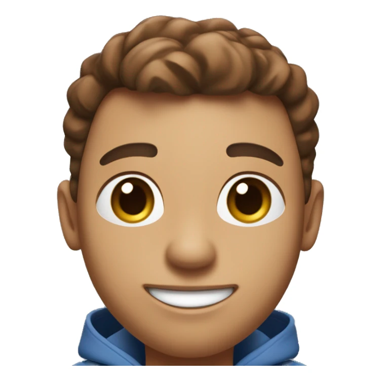 A digital 3D emoji-like face with brown hair, a small mole under the right eye, wearing white earbuds, and smiling. The character is wearing a dark blue hoodie and a black Nike crossbody bag. The background is a gradient light blue. sticker