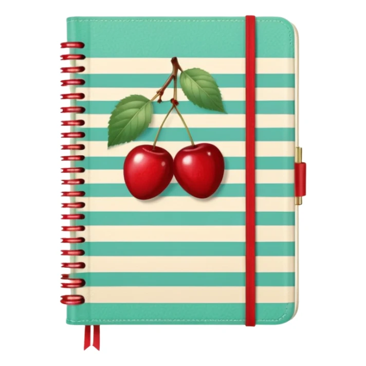 Cute vintage notebook cover, mint and cream vertical stripes, red spine
Hand-drawn cherries with leopard bow, playful feminine aesthetic
Flat illustration, clean composition, soft retro color palette sticker