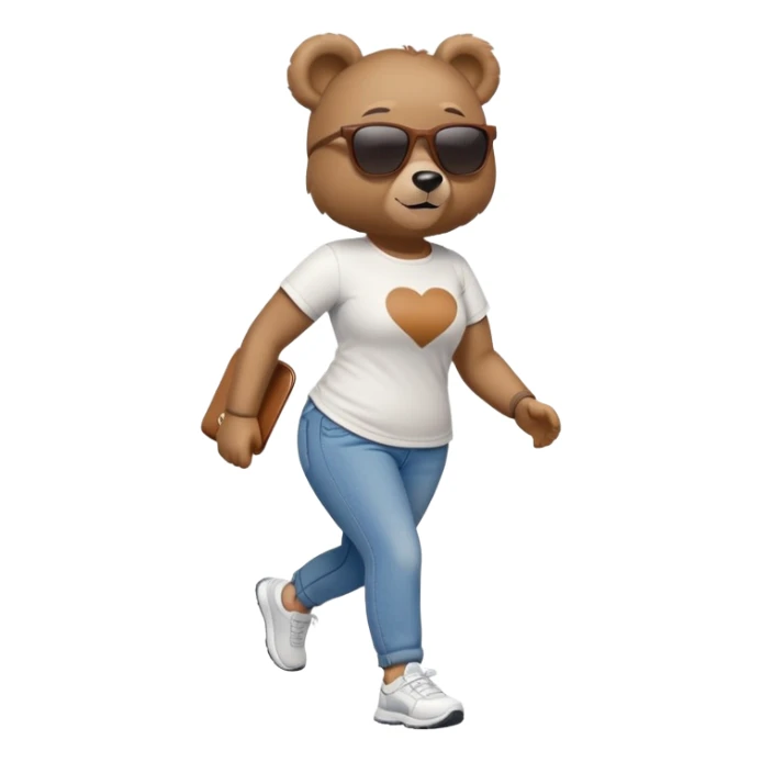 friendly anthropomorphised female bear in jeans and a t-shirt, wearing dark sunglasses, jogging upright in standard pose sticker