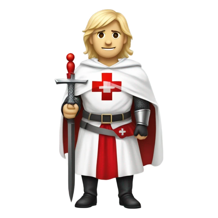 blond haired Masonic knight Templar wearing a white tunic with a Red Cross on the front and a white mantle with a hood with a Red Cross on the left side and a male face  and holding a sword. sticker