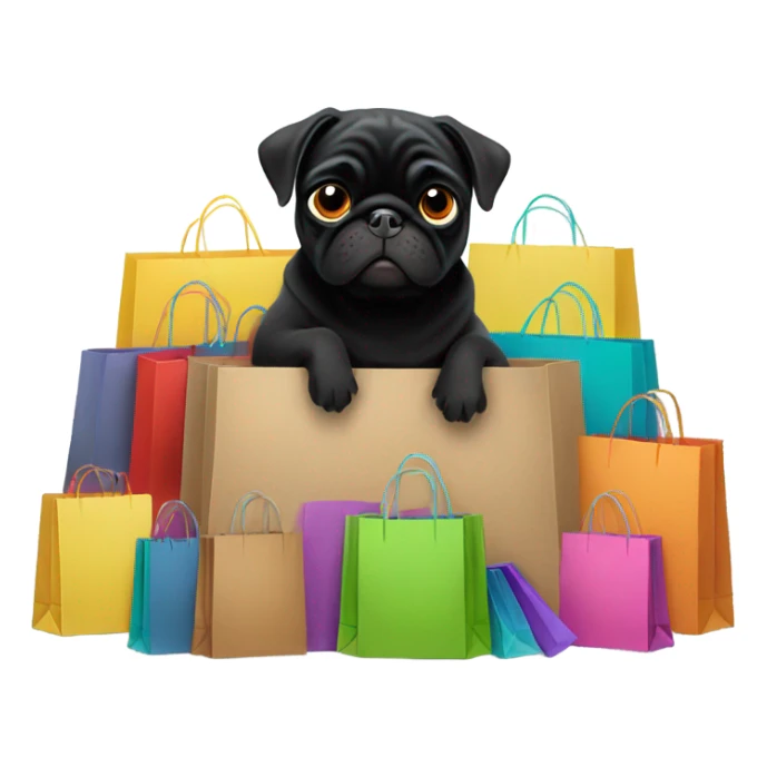 Black pug with many shopping bags sticker