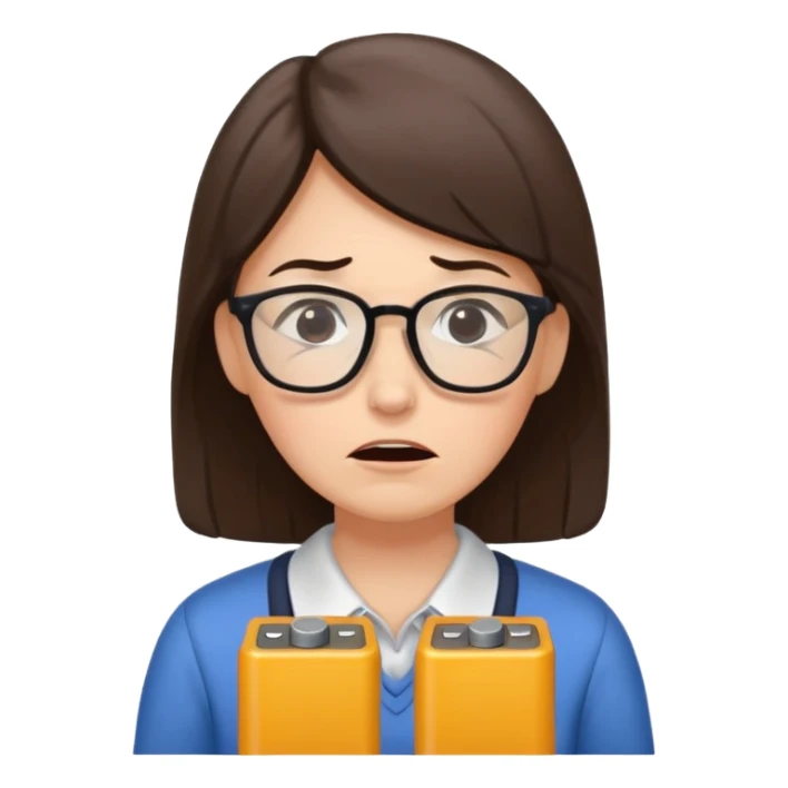 A kindergardenteacher with an empty battery icon above their head an exhausted and stressed face sticker