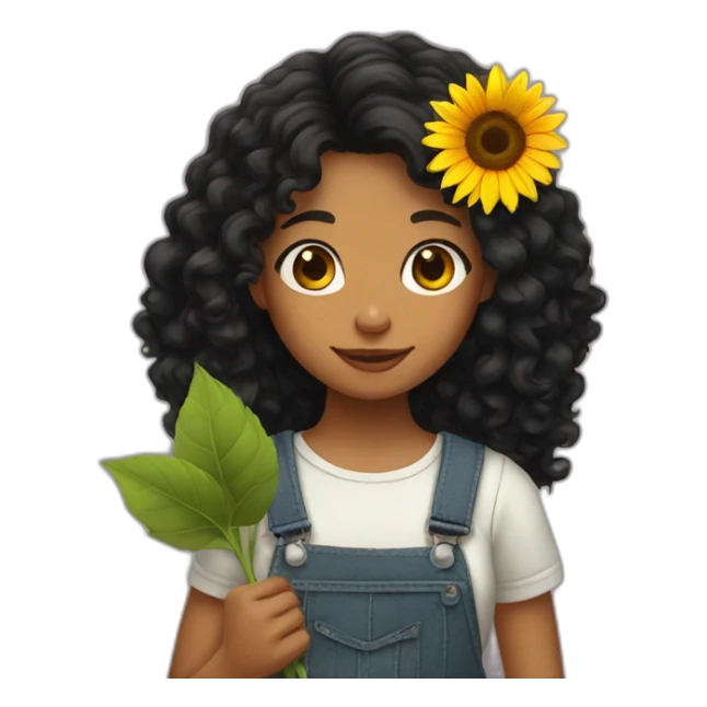 Long black Curly hair Girl holding sunflower sticker