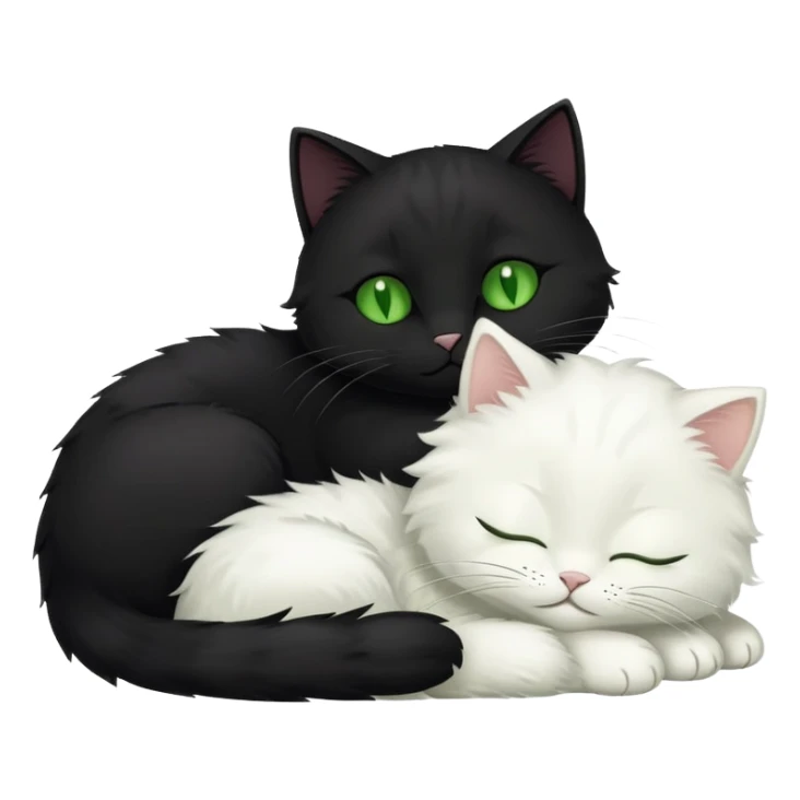 Big black cat with green eyes is sleeping with a small white cat sticker