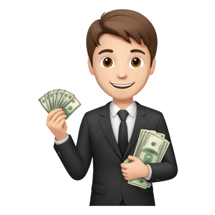 white male in a suit with money in his hand, smiling expression, happy face, brown hair sticker