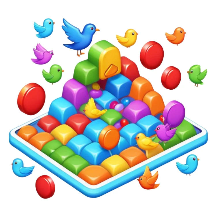 An icon representing a casual game, inspired by titles like Candy Crush. The design features colorful puzzle pieces, bouncing birds, and characters running through dynamic landscapes. Vibrant HUD elements like scores and power-ups highlight the playful. Transparent background sticker