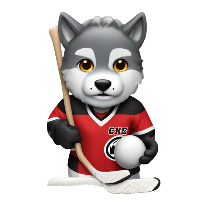 A wolf hockey player in a white red and black uniform holds a puck sticker