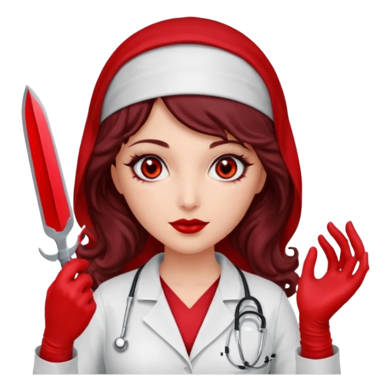 Lilith scalpel in hand, evil surgeon outfit.  She has red eyes. She has dark brown curly hair. Hair is long . Wears sexy doctor outfit with red gloves. Clears, mouth with Muslim red burka sticker
