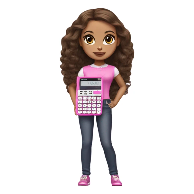 Hyper realistic bratz doll brunette with small pink calculator sticker