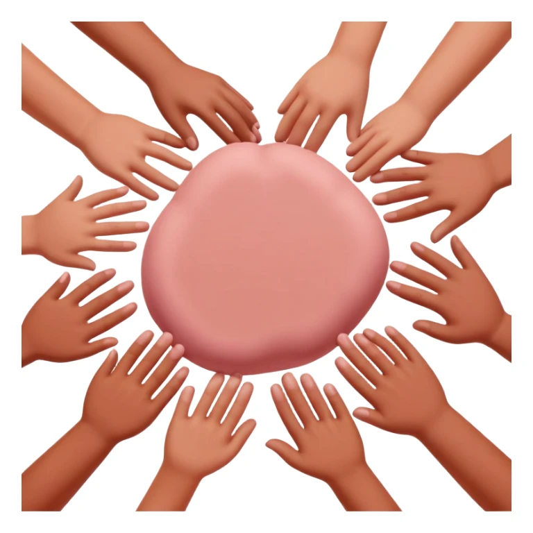 multiple hands working together to form a simple pink clay blob shape, collaborative pottery beginners sticker