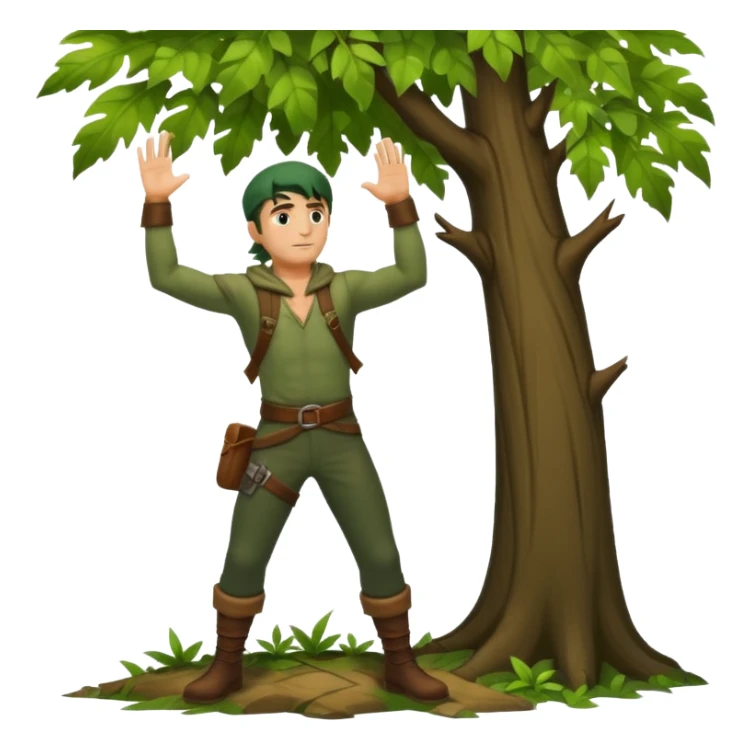 full body forest rogue man, from behind leaning against tree, one arm raised, leaf shadows on back sticker