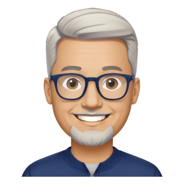 Light-skinned wider-built man with oval face, very close-cut hair (shorter on top, skin fade), short graying beard, big black glasses frames, happy smile, navy blue zip-up sweatshirt with long sleeves sticker