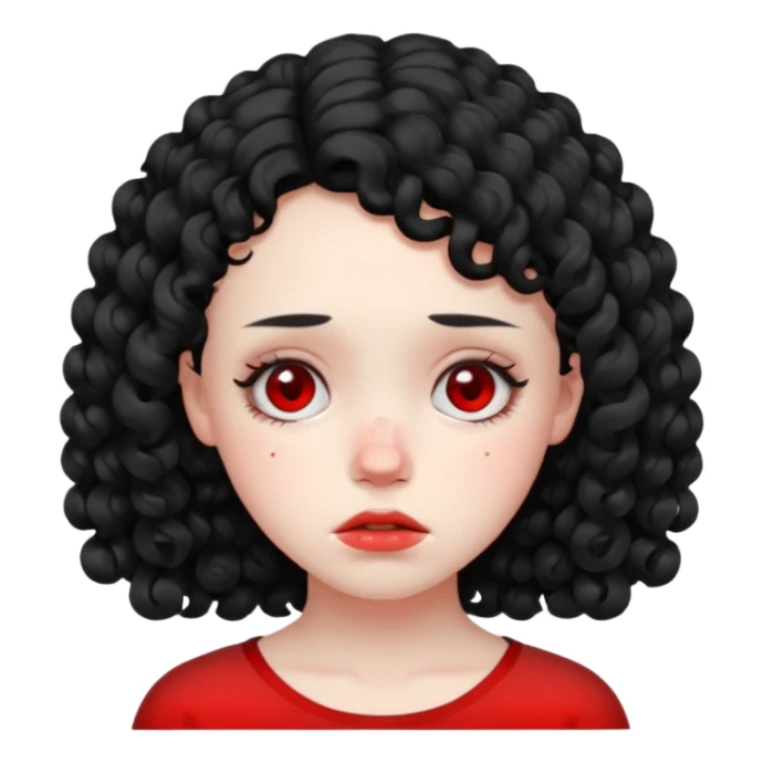 a girl with black curls sad and with  redacne in her face sticker