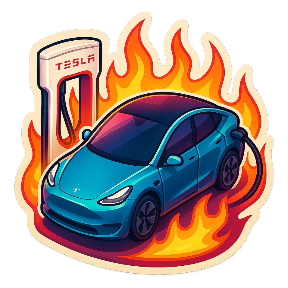 A Tesla Model Y parking at a supercharger, from above, with fire around sticker
