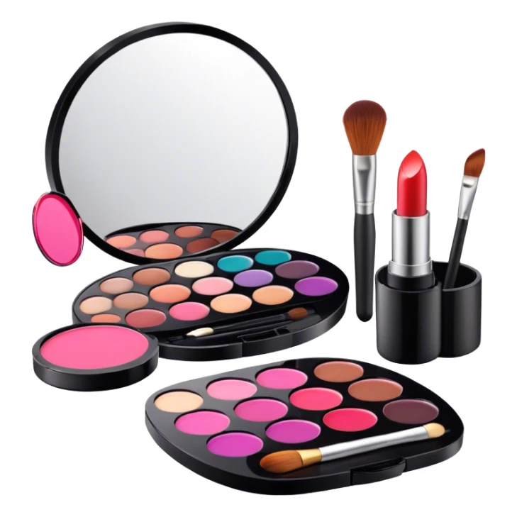A photorealistic icon featuring makeup brushes, a lipstick being applied, an eyeshadow palette with colors in use and a compact mirror reflecting a half-done makeup look. The design captures the artistry and process of makeup with bright and realistic textures. Transparent background. sticker