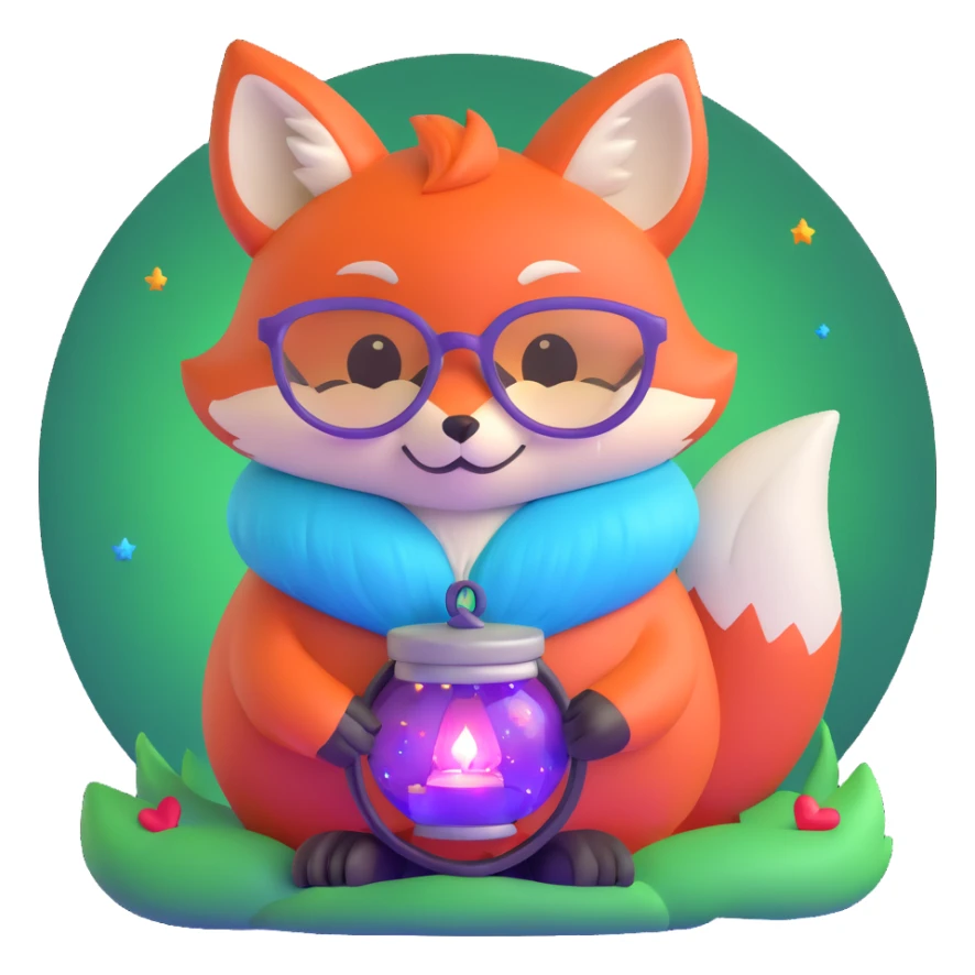 small magical fox with shimmering purple and blue fur, glowing fluffy tail, silver star on forehead, round glasses, tiny lantern, hugging a big red heart sticker