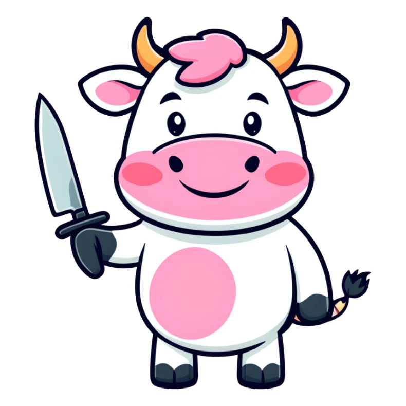 Pink cow grinning holding a knife  sticker