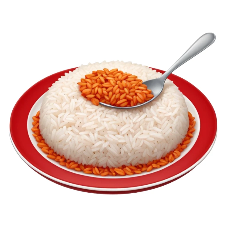 a plate of red-topped rice, with a spoonful missing, showing the inside sticker