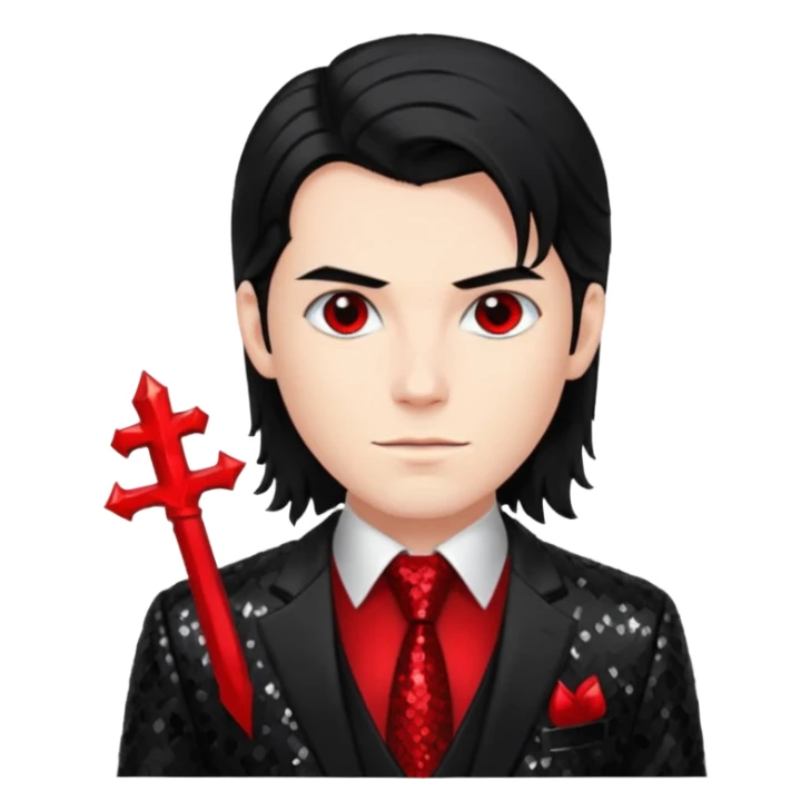Lucifer from Christian Mythology with long black hair, black sequin suit jacket and tie, red shirt sticker