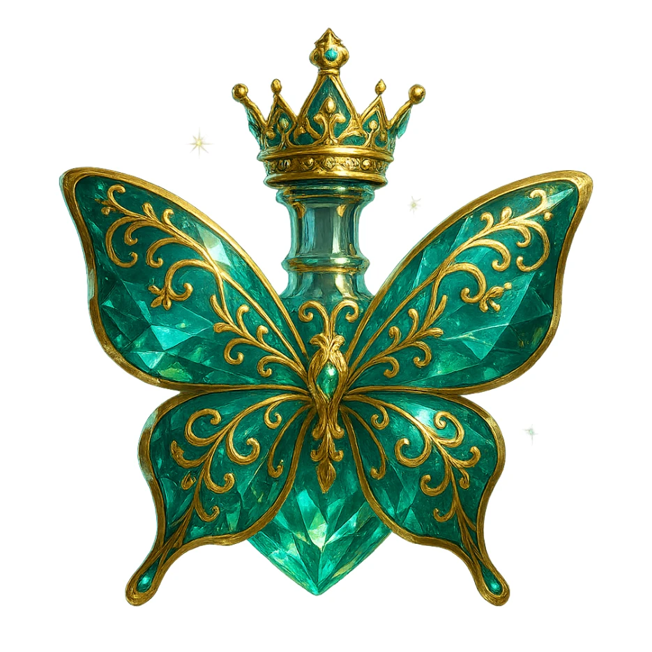 crystal elegant butterfly-shaped bottle, short neck, princess crown, green and blue colors, lots of glowing, facets, more ornaments, decorations, golden details, magical effects, premium class, transparent background, bottle clearly flying in air, no base or shadow sticker