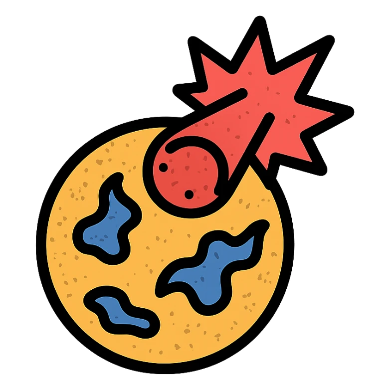minimalist icon of a meteor falling into and destroying a planet, worn distressed effect sticker