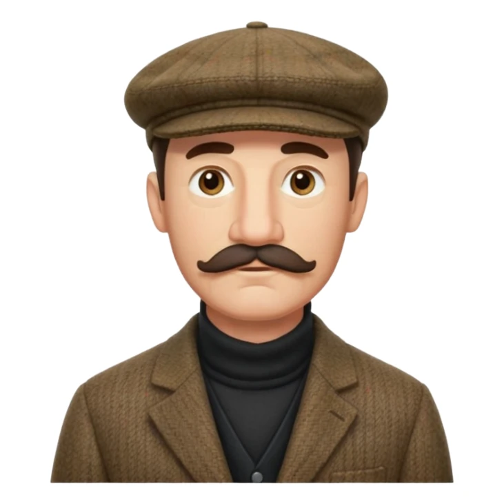 three quarter head profile huge mustache big sideburns sport coat black turtleneck tweed flat cap, squinting eyes trying to puzzle out sticker