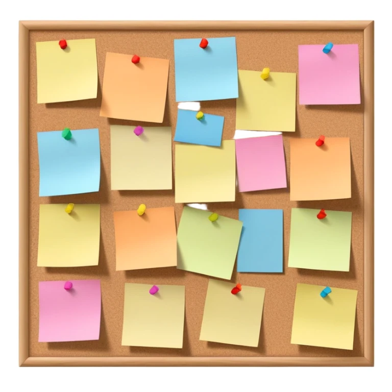 a cork board with some notes pinned to it as well as some different colored post it notes. Minimalistic emoji sticker