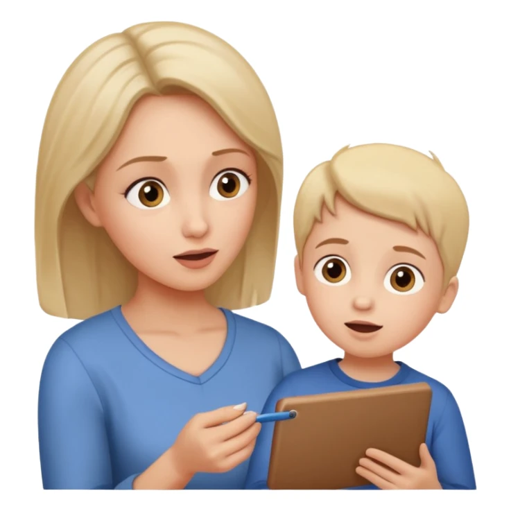 pleasanty surprised mother with child showing drawing sticker