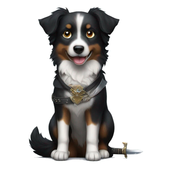 Small black australian shepherd dog with a sword sticker