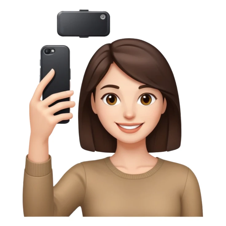 Brunette woman smiling while taking a selfie sticker