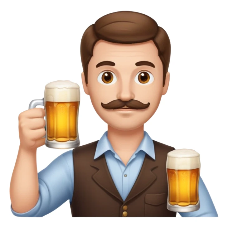 White man with brown hair and mustache holding a beer sticker