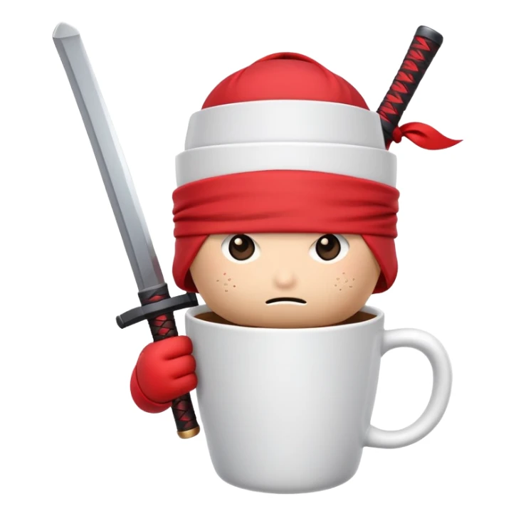 A disposable coffee cup character with a face, wearing a red ninja headband tied around the top and gripping a katana sword sticker