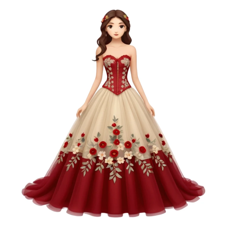 A luxurious strapless A-line wedding gown featuring a sheer lace corset bodice with structured boning, intricate floral embroidery, and a flowing layered tulle skirt adorned with delicate 3D floral appliqués for a soft, romantic, fairytale look. sticker