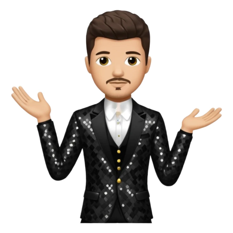 Robin Thicke with dark brown hair, black sequin outfit, light skin sticker