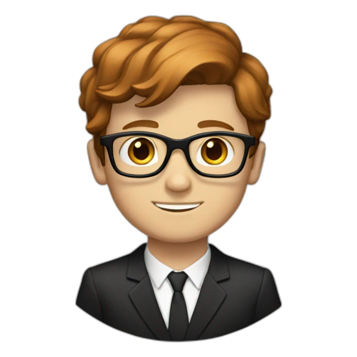 a white boy with square glasses with short brown reddish hair wearing a suit and black shoes sticker