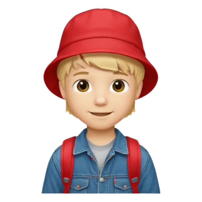 A little boy student, blonde hair, with red bucket hat, jean jacket, backpack sticker